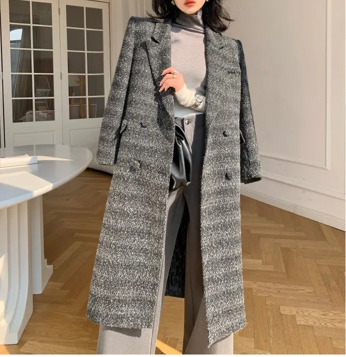 Gray WANXO color herringbone quilted woolen coat new mid-length suit woolen coat- Passion