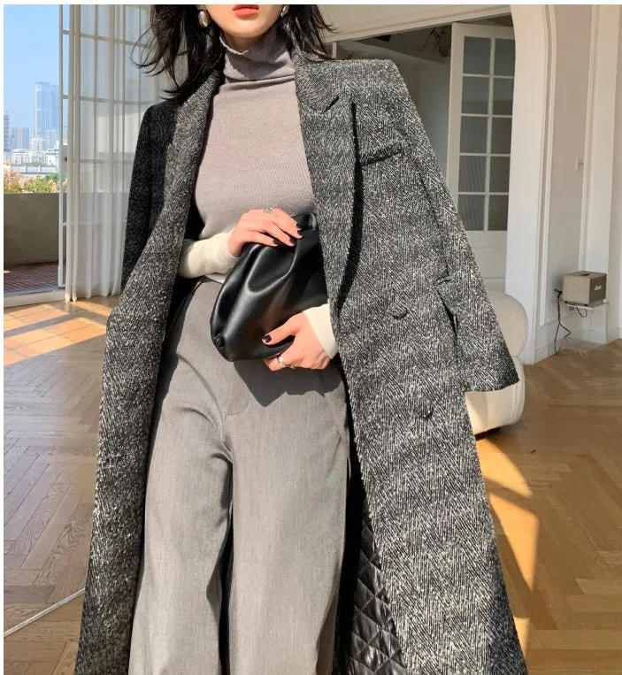 Gray WANXO color herringbone quilted woolen coat new mid-length suit woolen coat- Passion