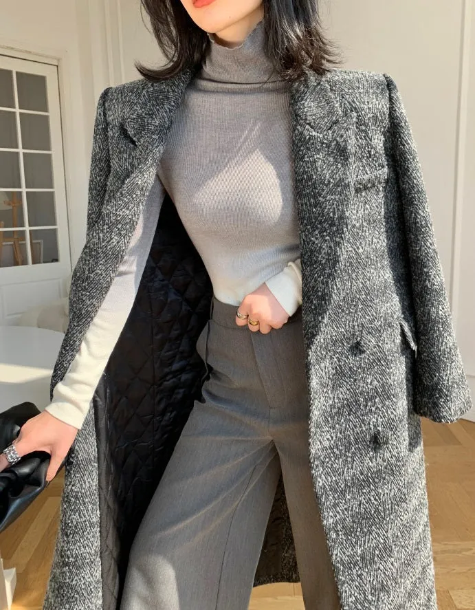 Gray WANXO color herringbone quilted woolen coat new mid-length suit woolen coat- Passion