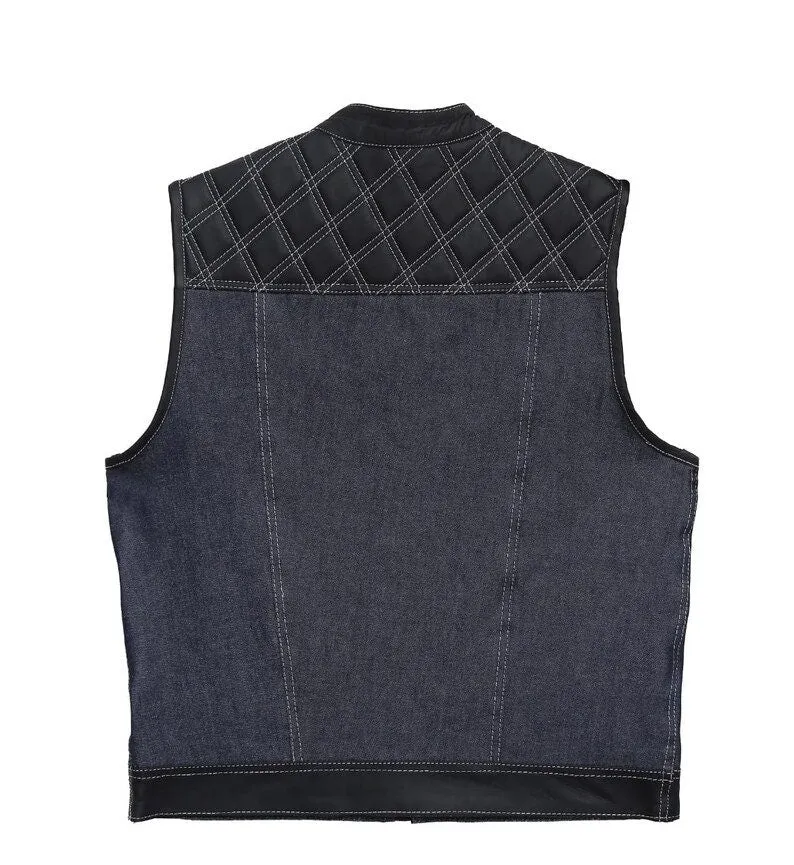 Hand Made Blue Denim & Leather Diamond Quilted Style Thunder Biker Motorcycle Rider MC Club Vest