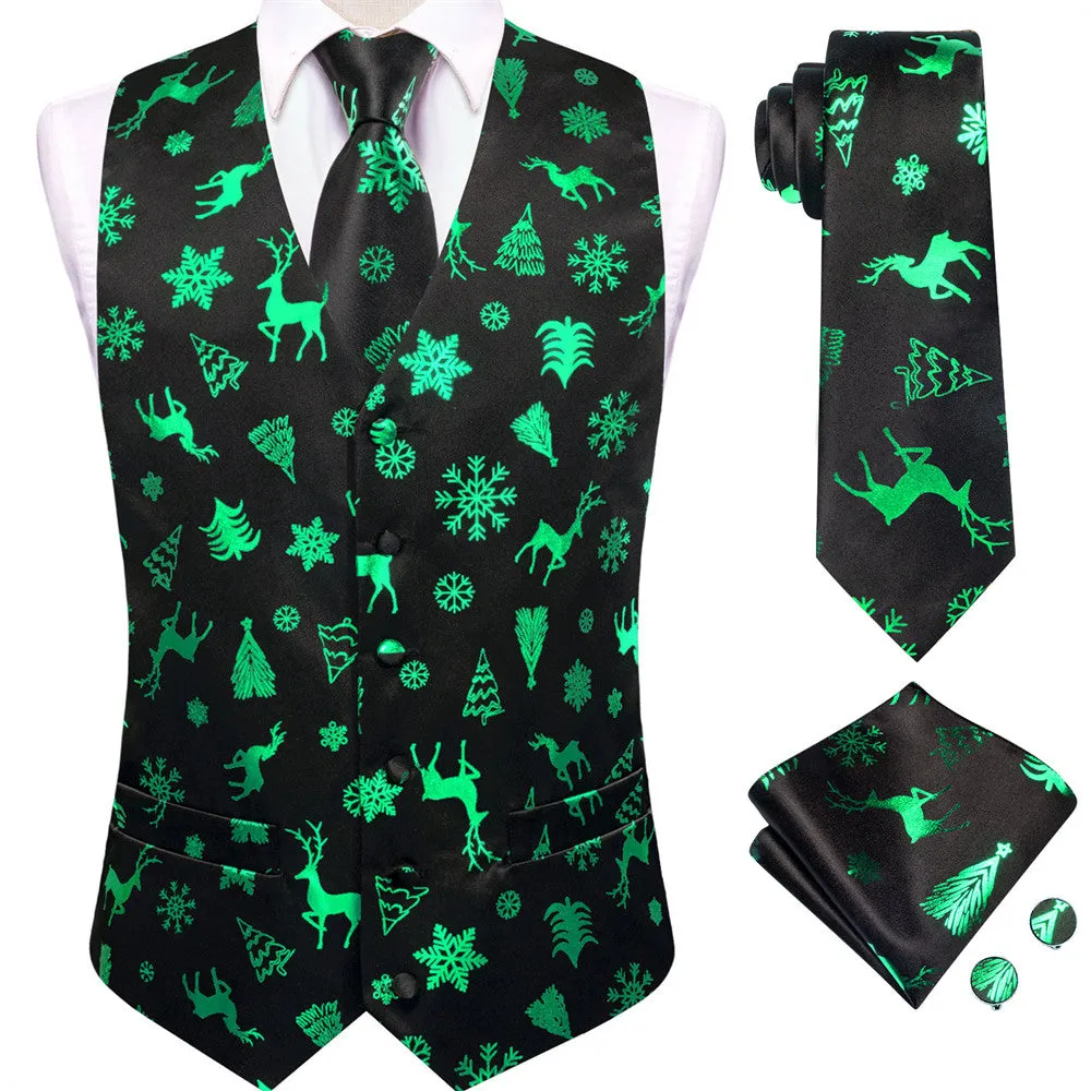 Hi-Tie Mens Waistcoat Black Green Christmas Tree Elements Vest Necktie Set