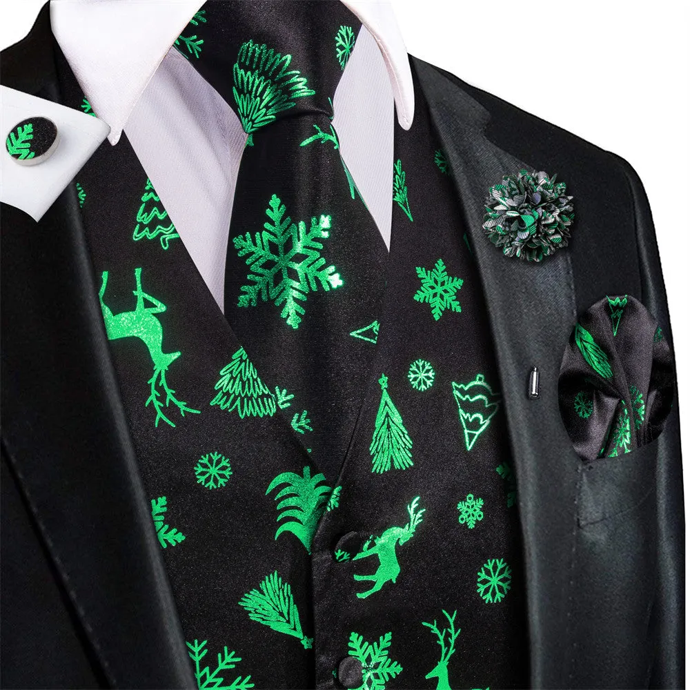 Hi-Tie Mens Waistcoat Black Green Christmas Tree Elements Vest Necktie Set