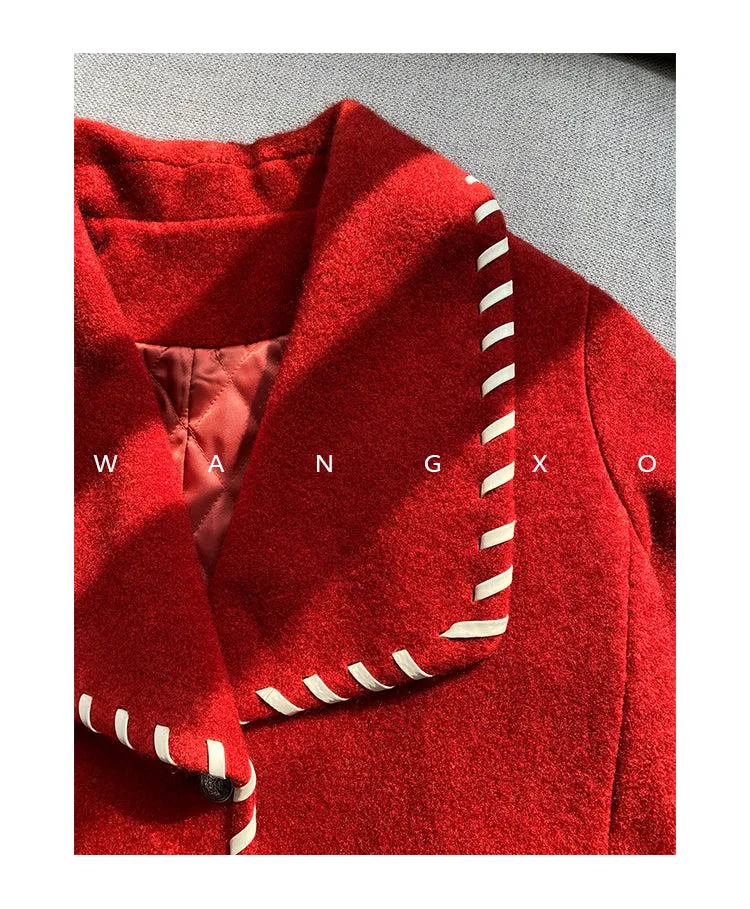 High end large lapel hand-patched leather weave woolen coat - Nuiee Red