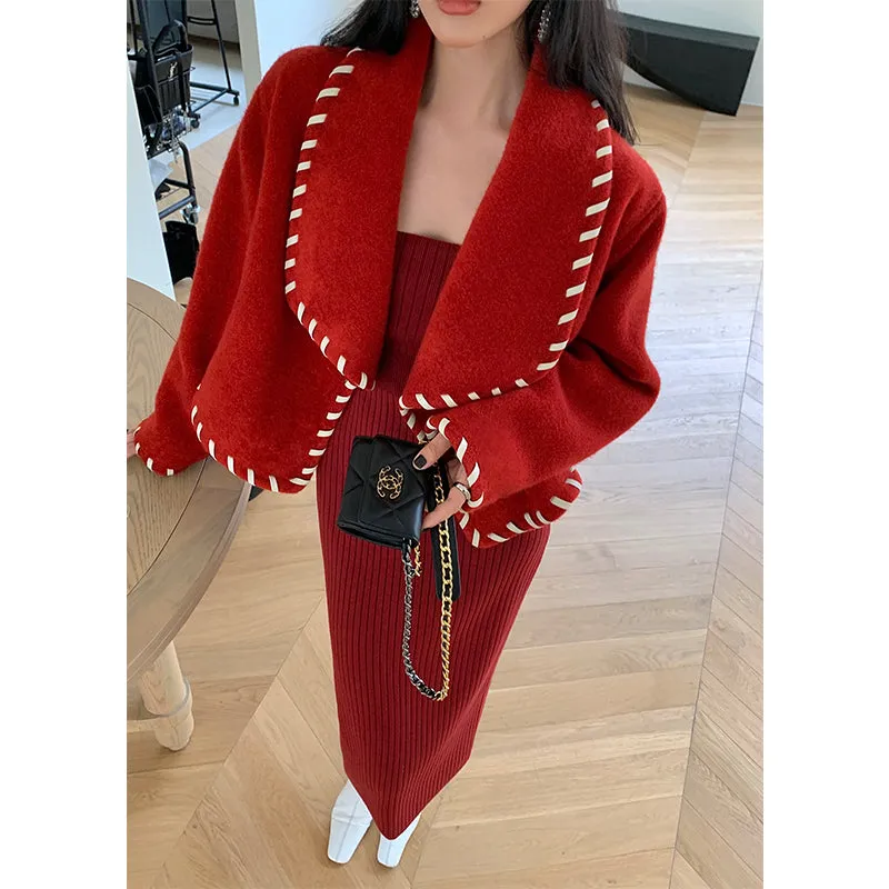 High end large lapel hand-patched leather weave woolen coat - Nuiee Red