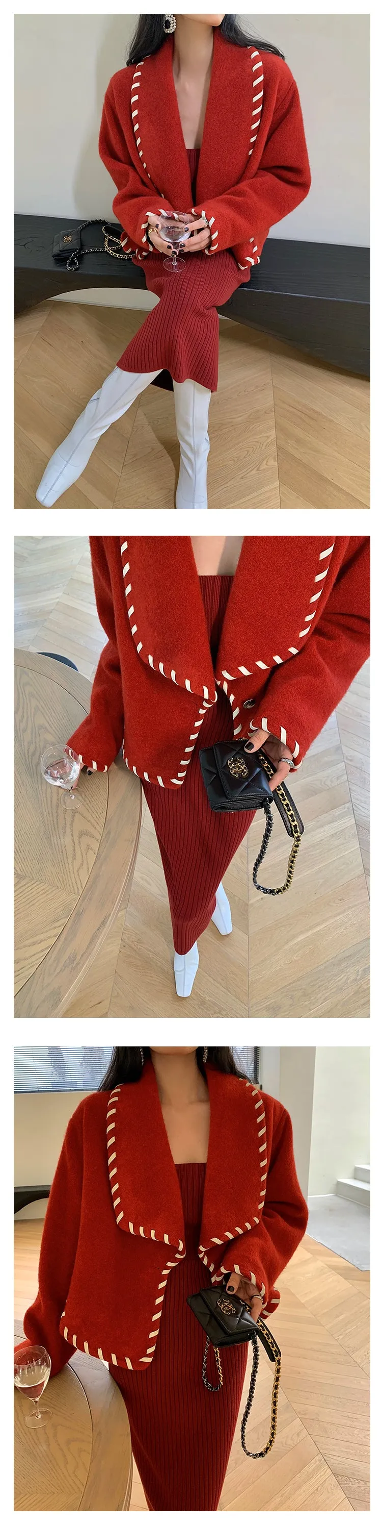 High end large lapel hand-patched leather weave woolen coat - Nuiee Red