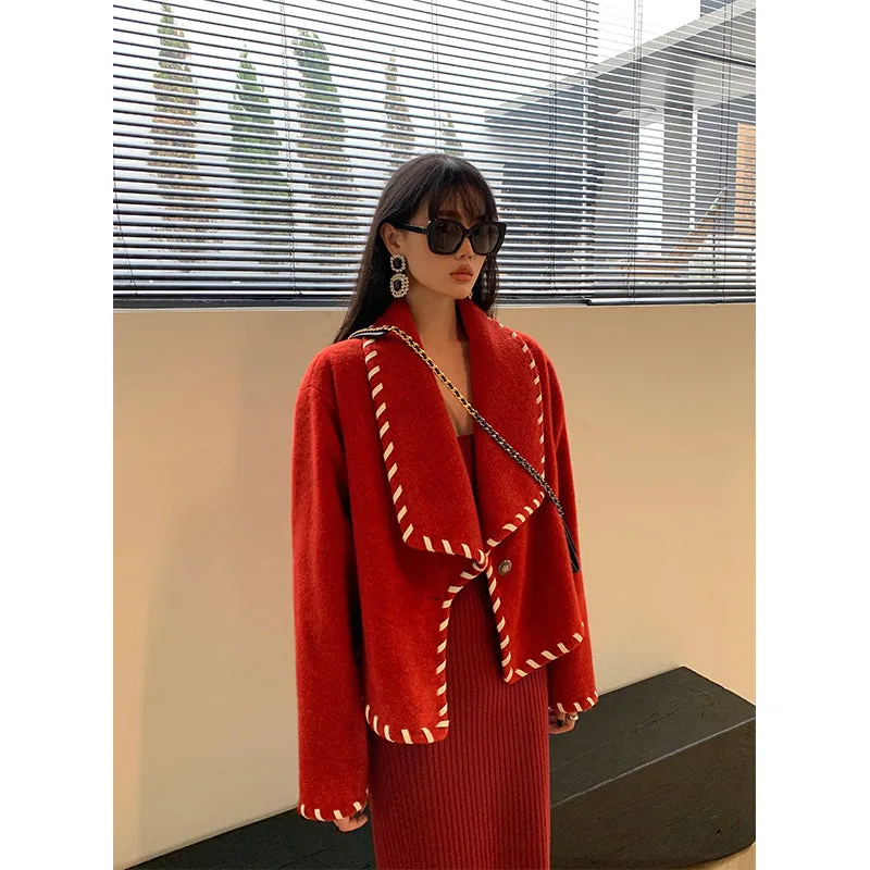 High end large lapel hand-patched leather weave woolen coat - Nuiee Red