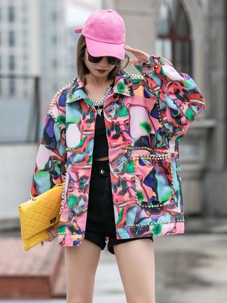 Hit Color Patchwork Rivet Jackets For Women Lapel Long Sleeve Denim Loose Jacket Female Fashion Style Clothing