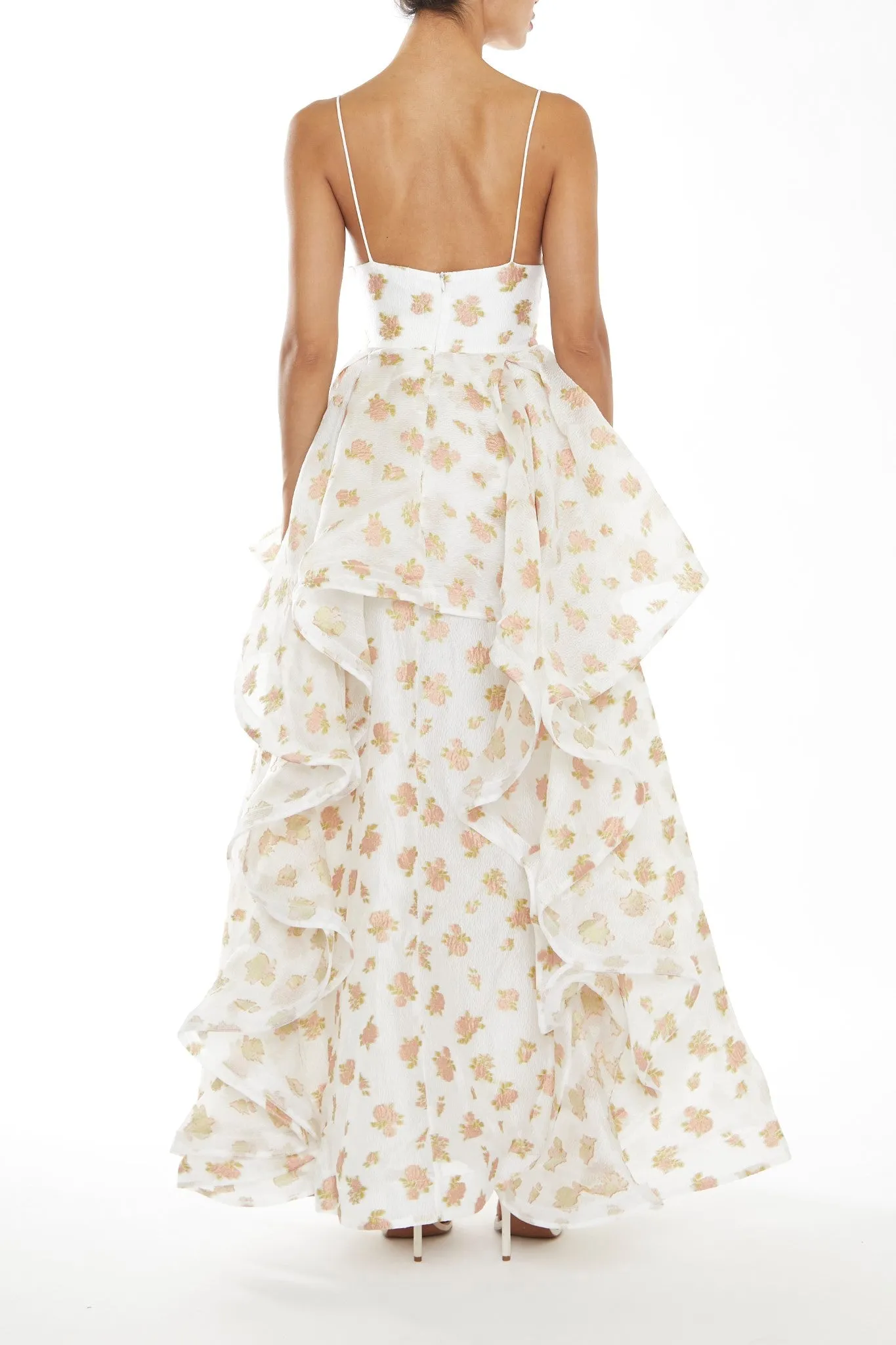 Ingrid Peach-Floral Organza Layered Ruffle Strappy Maxi-Dress