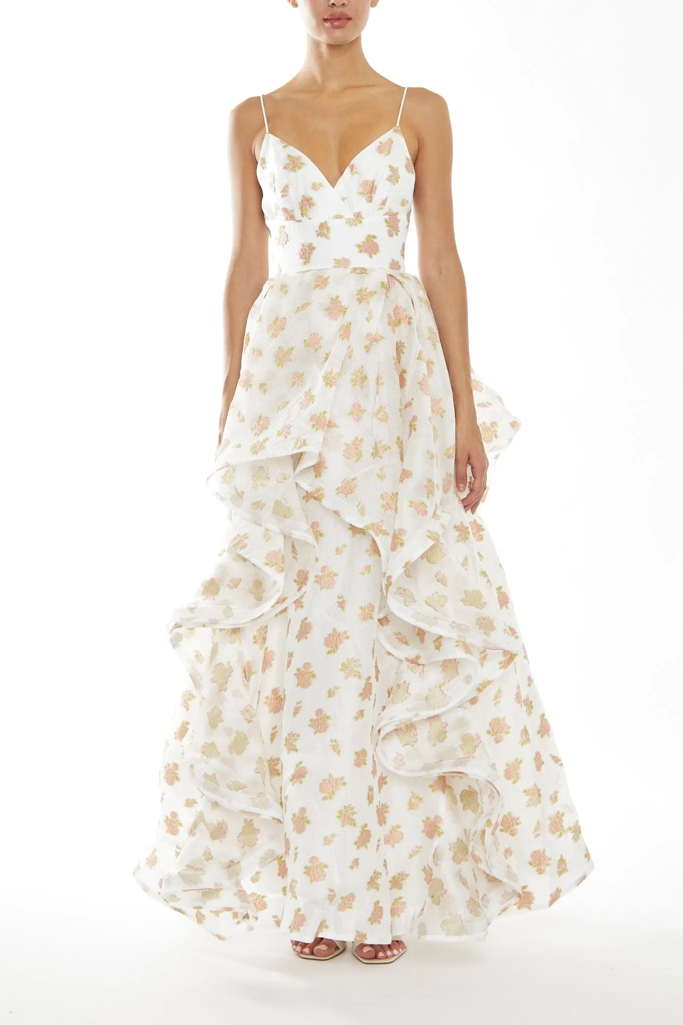 Ingrid Peach-Floral Organza Layered Ruffle Strappy Maxi-Dress