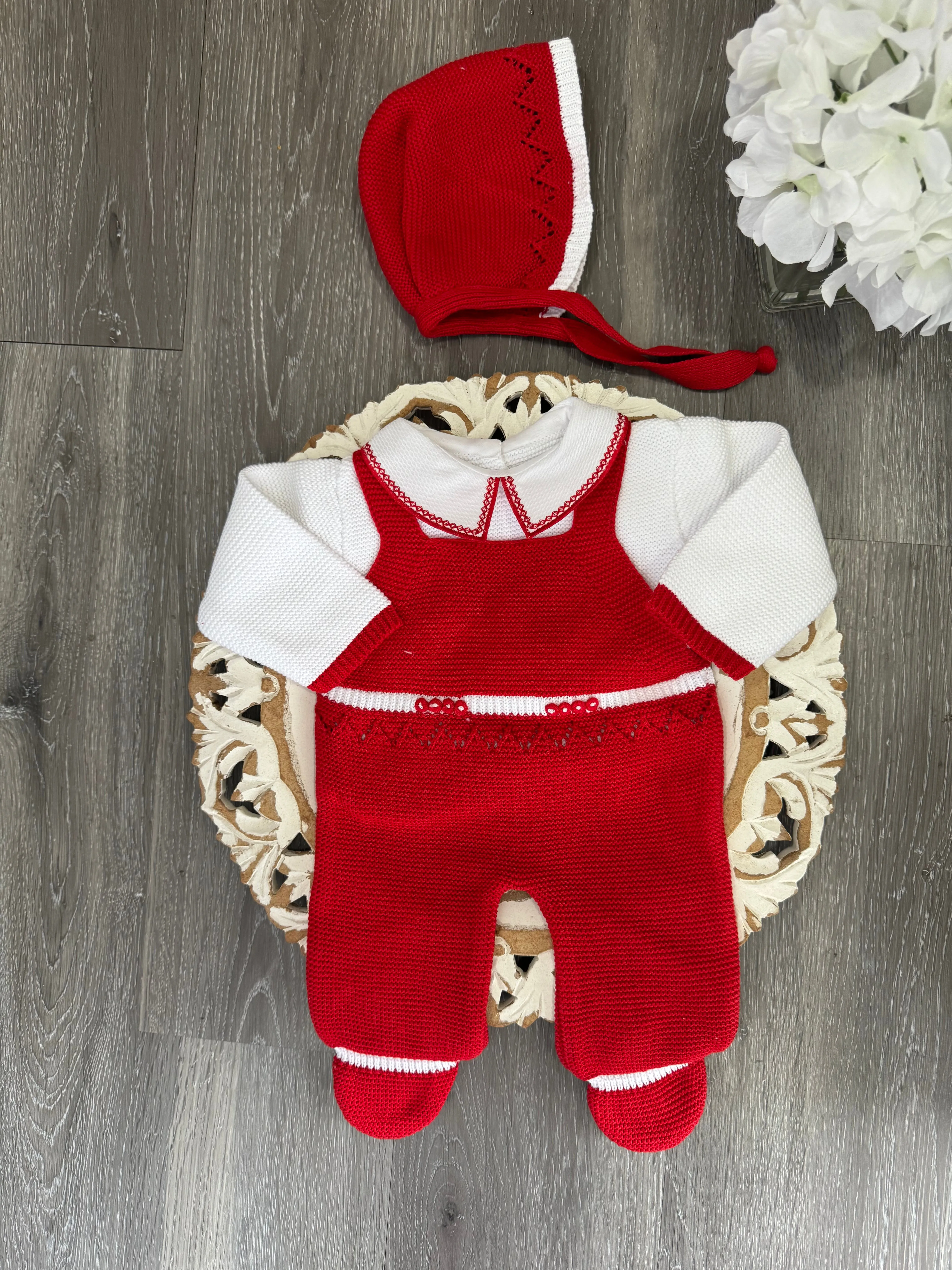 Java Baby Knitted Romper in Red and White