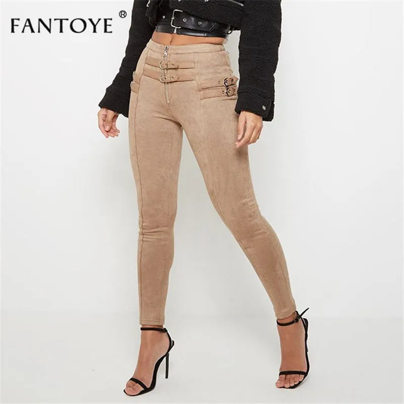 Joskaa Fantoye Women Casual Bodycon Bandage Suede Pants 2024 Classic Basic Khaki Trousers Ladies Pencil Pants Elastic Women‘s Pants