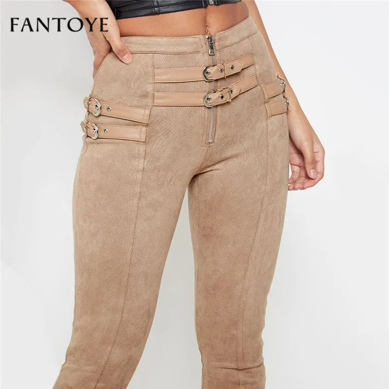 Joskaa Fantoye Women Casual Bodycon Bandage Suede Pants 2024 Classic Basic Khaki Trousers Ladies Pencil Pants Elastic Women‘s Pants