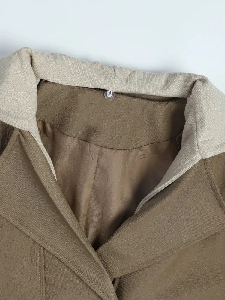 [Khaki Double Breasted Big Size Trench New Hooded Long Sleeve Windbreaker