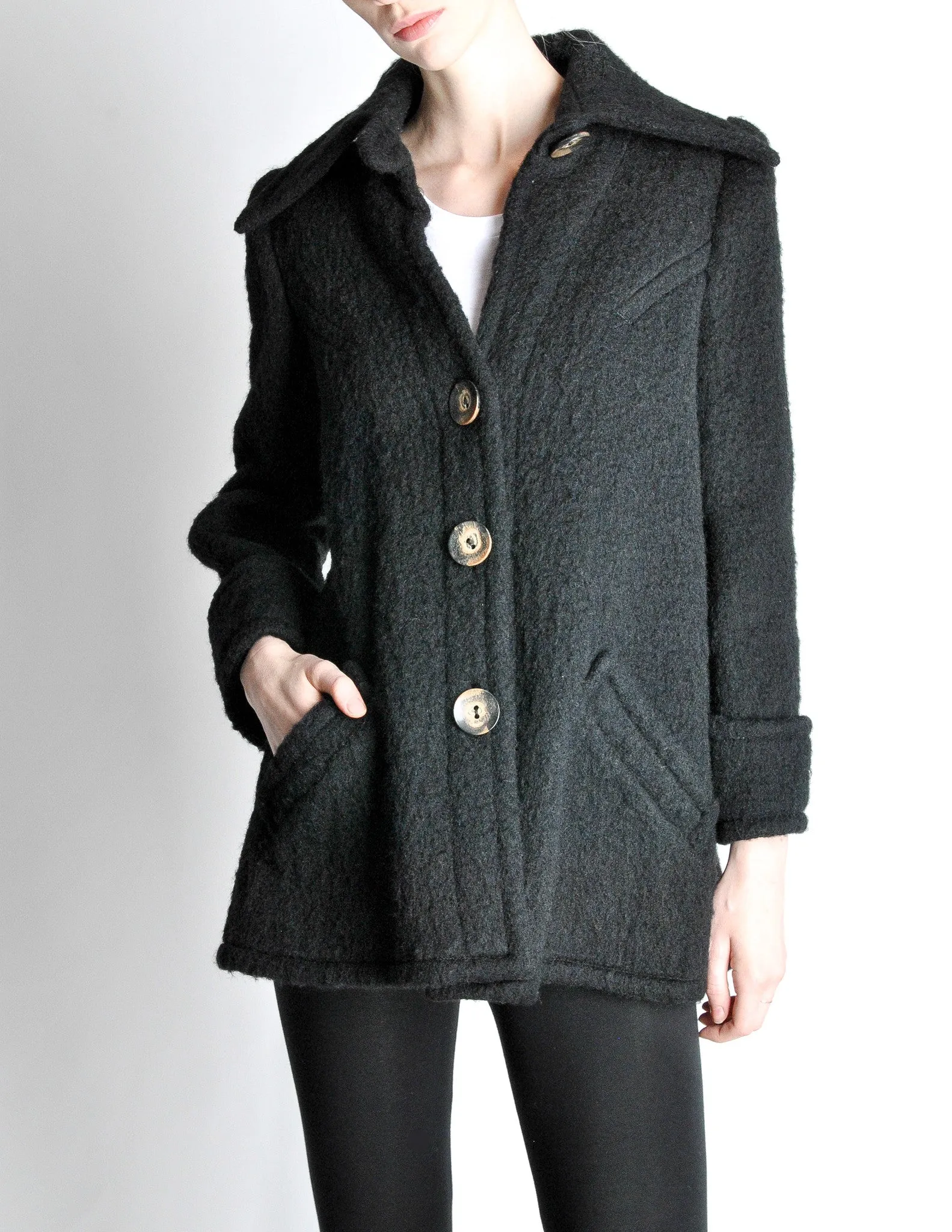 Krizia Vintage Black Fuzzy Wool Coat