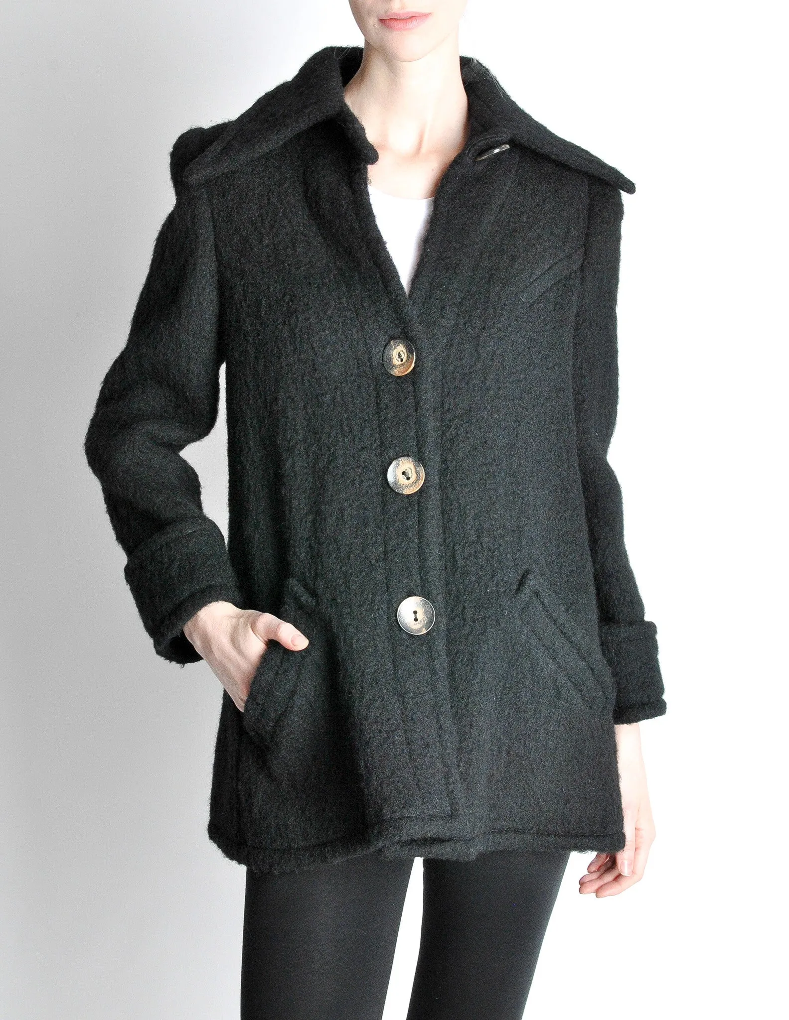 Krizia Vintage Black Fuzzy Wool Coat