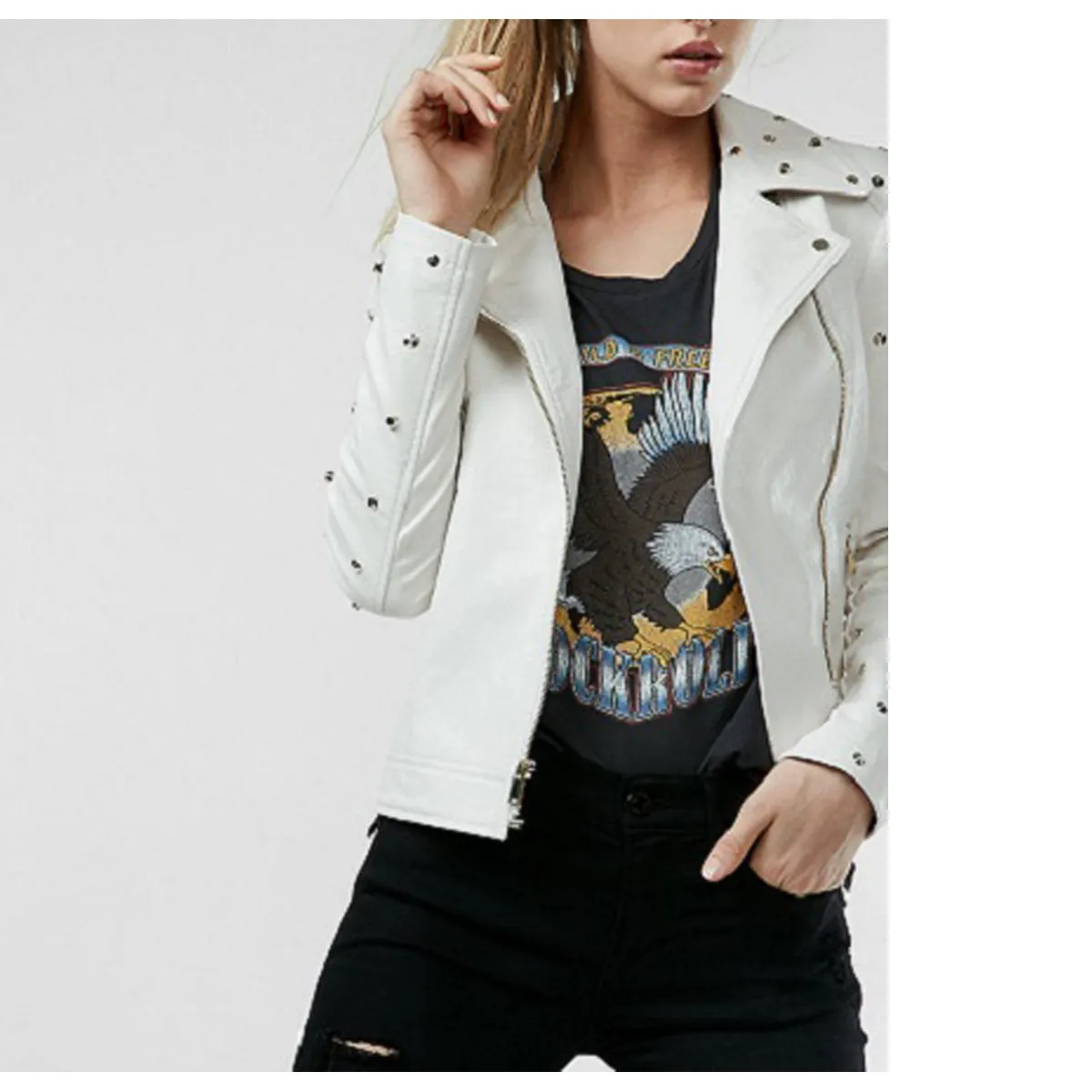 Ladies Gold Studded White Leather Jacket