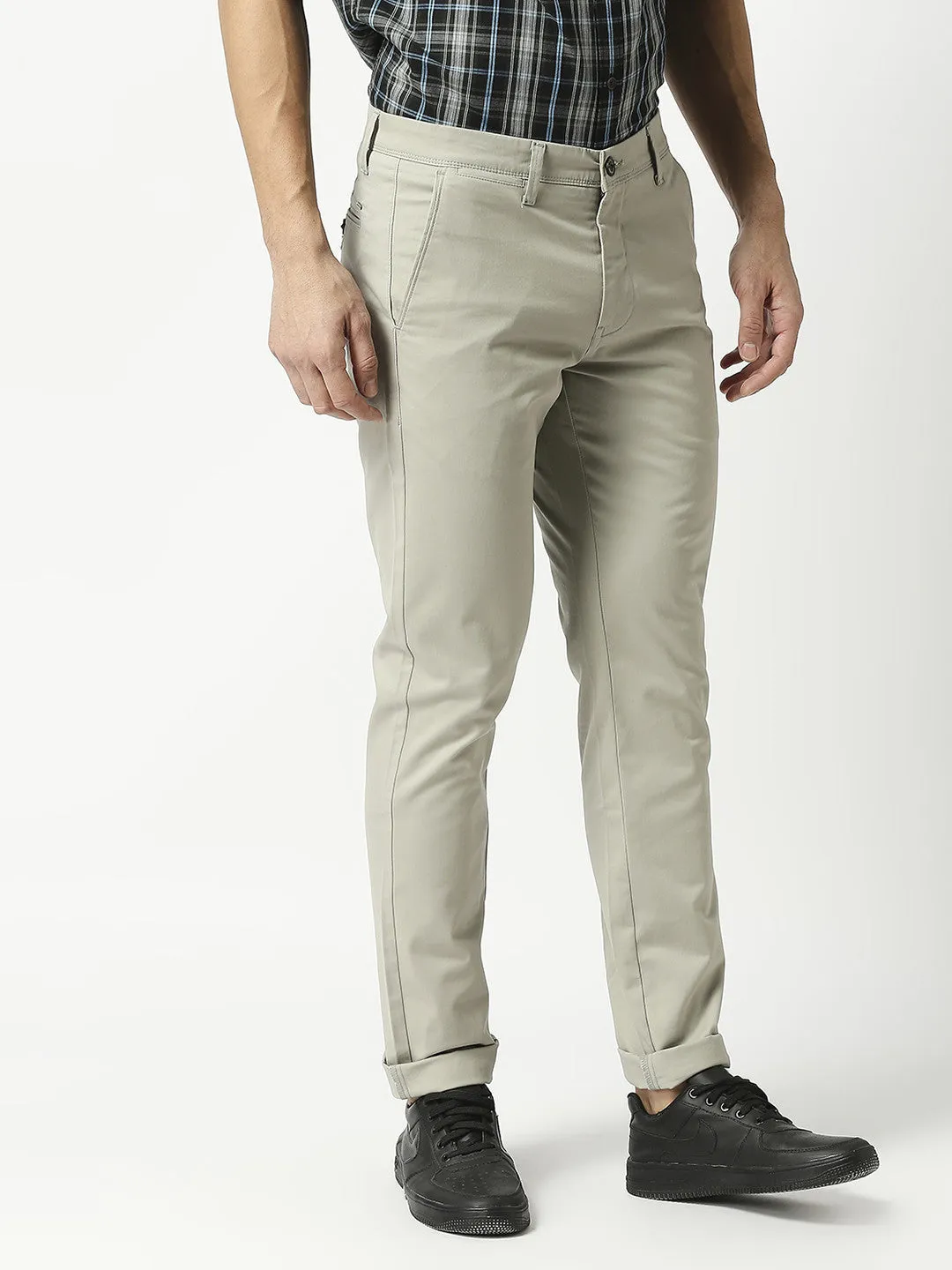 Light Beige Slim Tapered Cotton Dobby Lycra Trouser