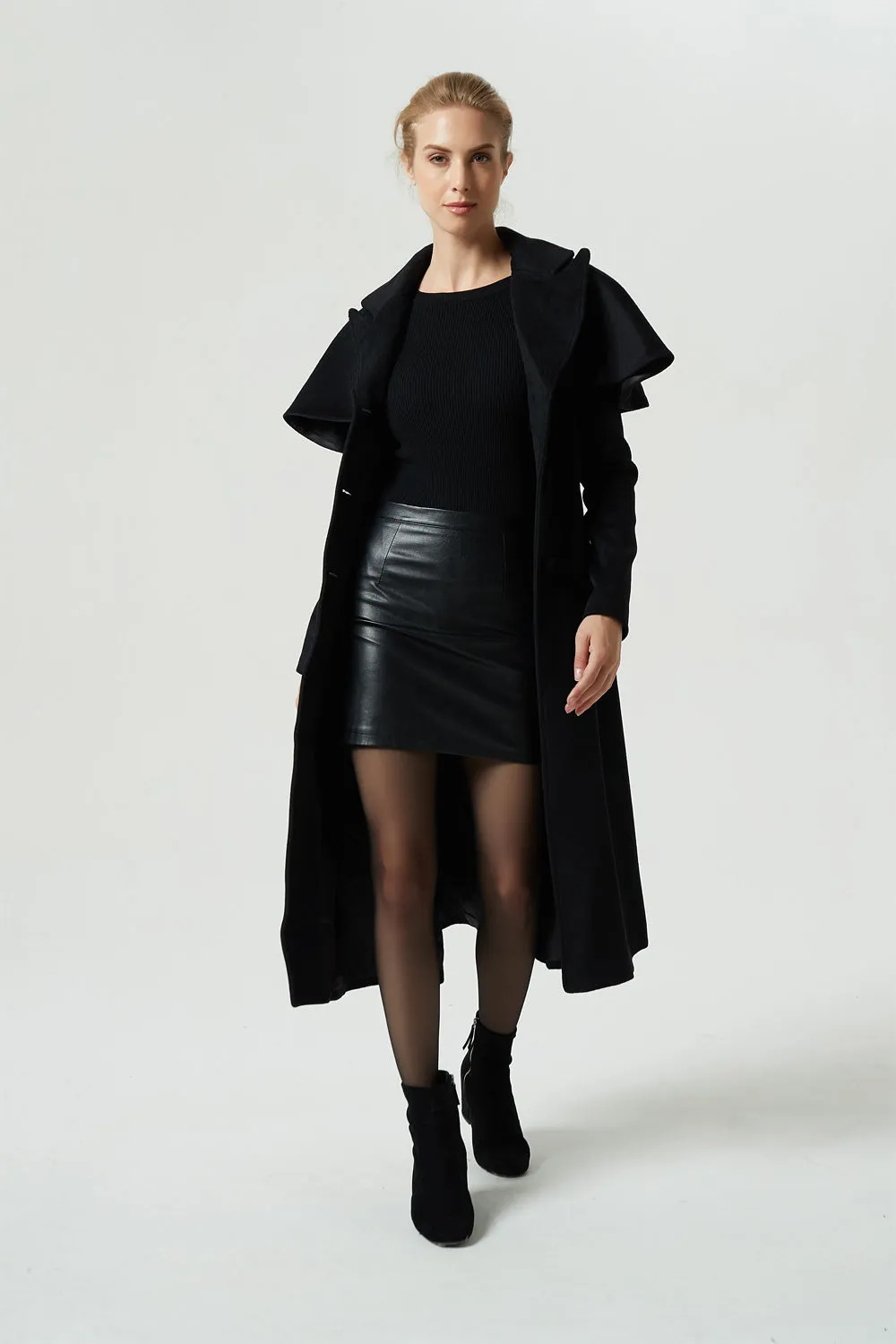 Maxi Black Wool Coat With Capelet For Women 1969#