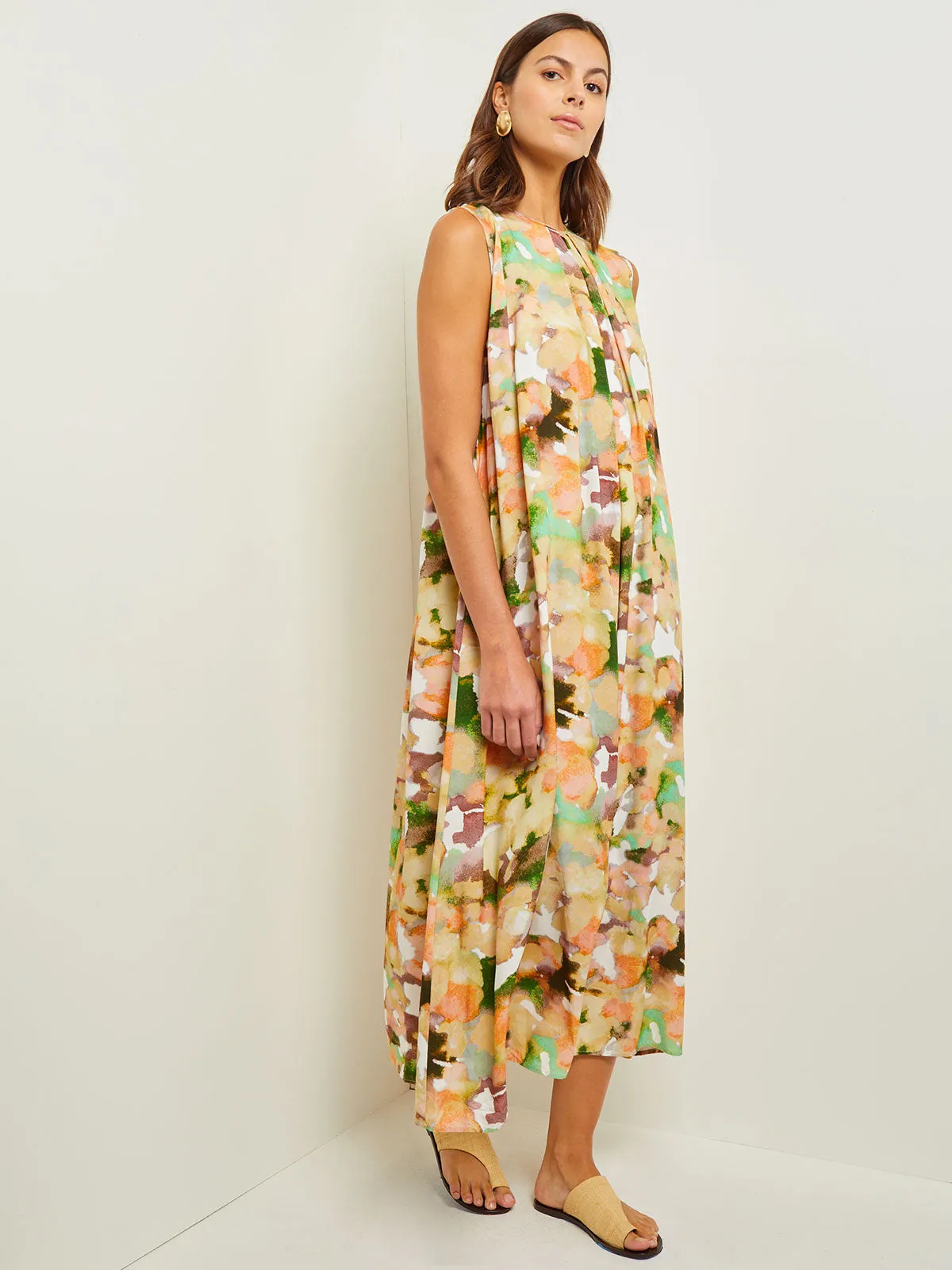 Maxi Shift Dress - Pleated Watercolor Woven