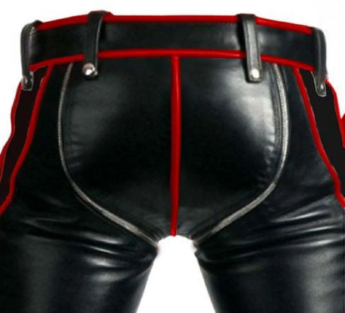 Men Black Leather with Red Piping Pants Heavy Duty Bondage Jeans - R2-RP