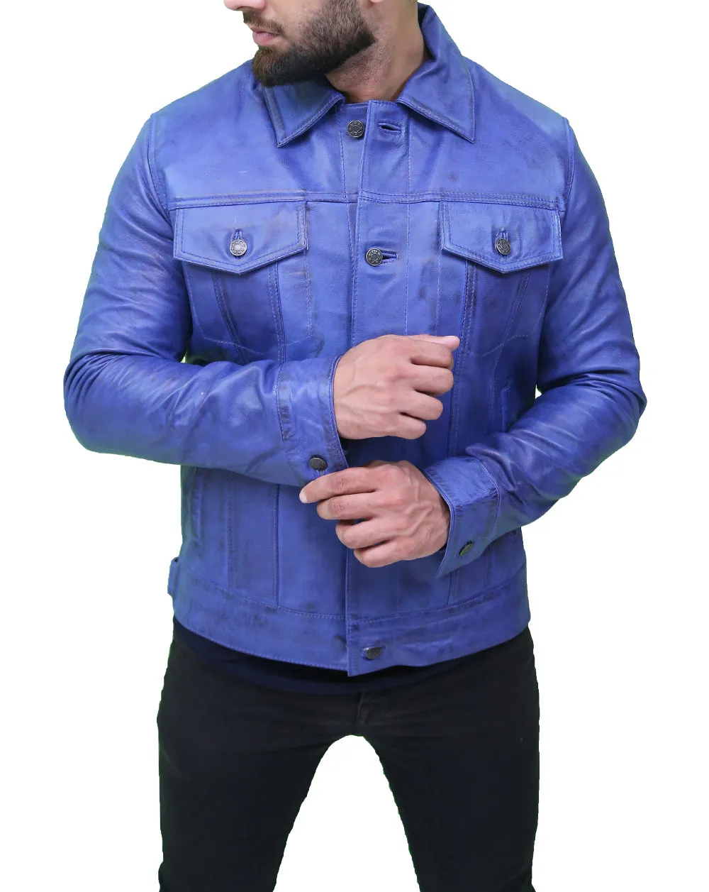 Men's Classic Blue Real Leather Trucker Jacket