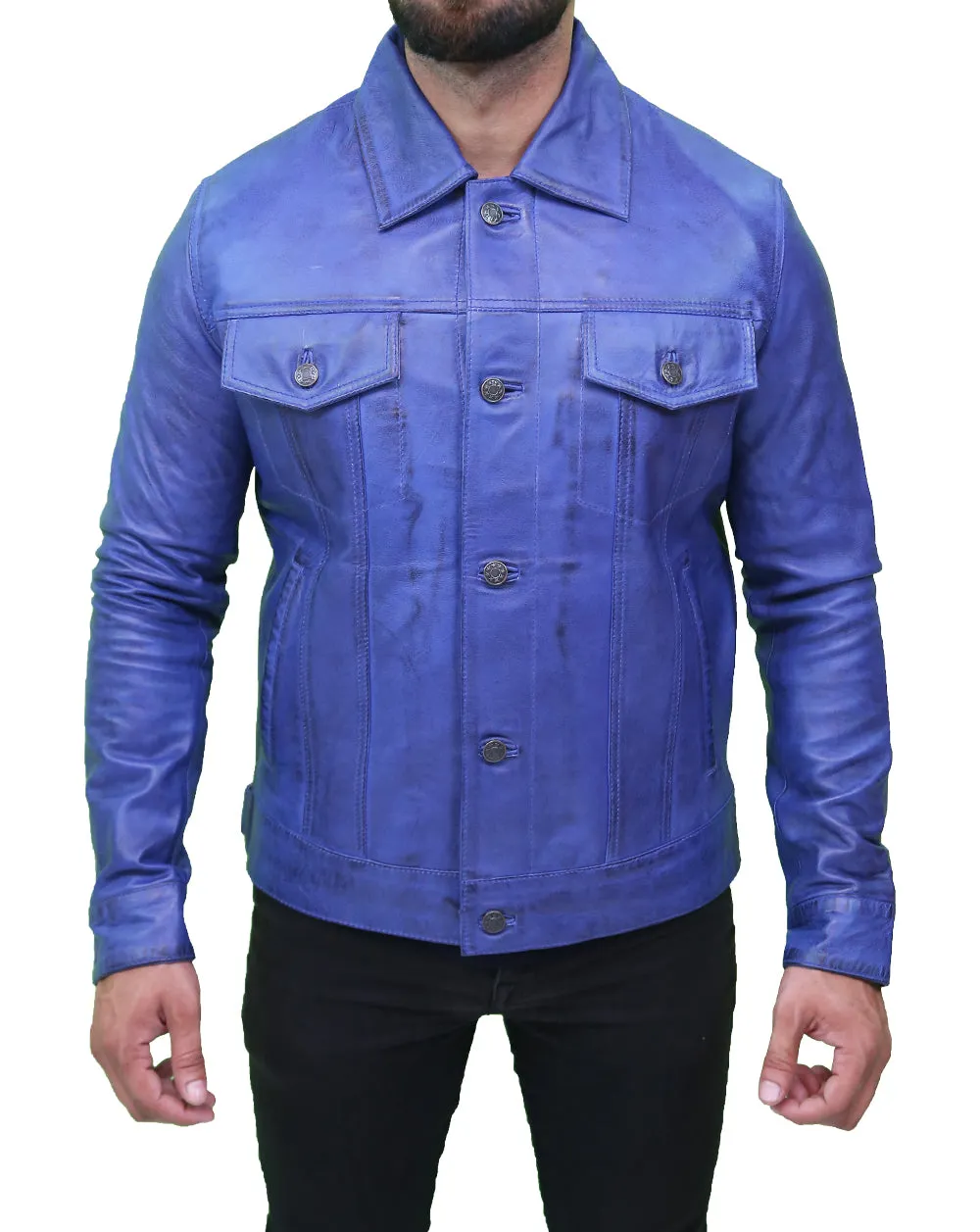 Men's Classic Blue Real Leather Trucker Jacket