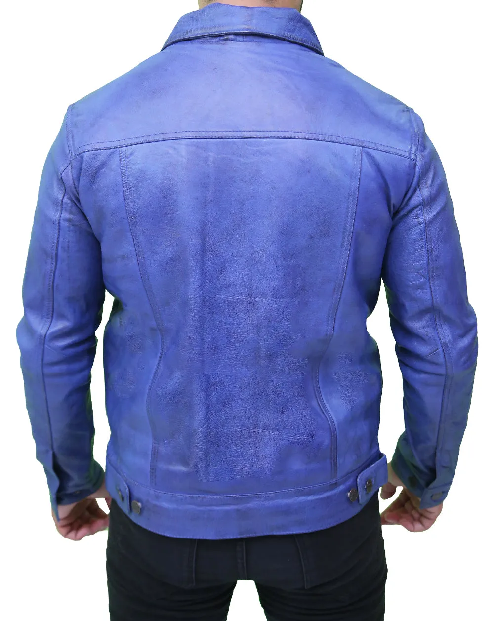 Men's Classic Blue Real Leather Trucker Jacket