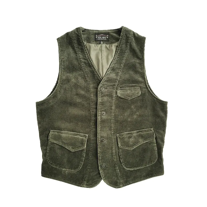 Men's Slim Fit Corduroy Safari Vest with Pockets