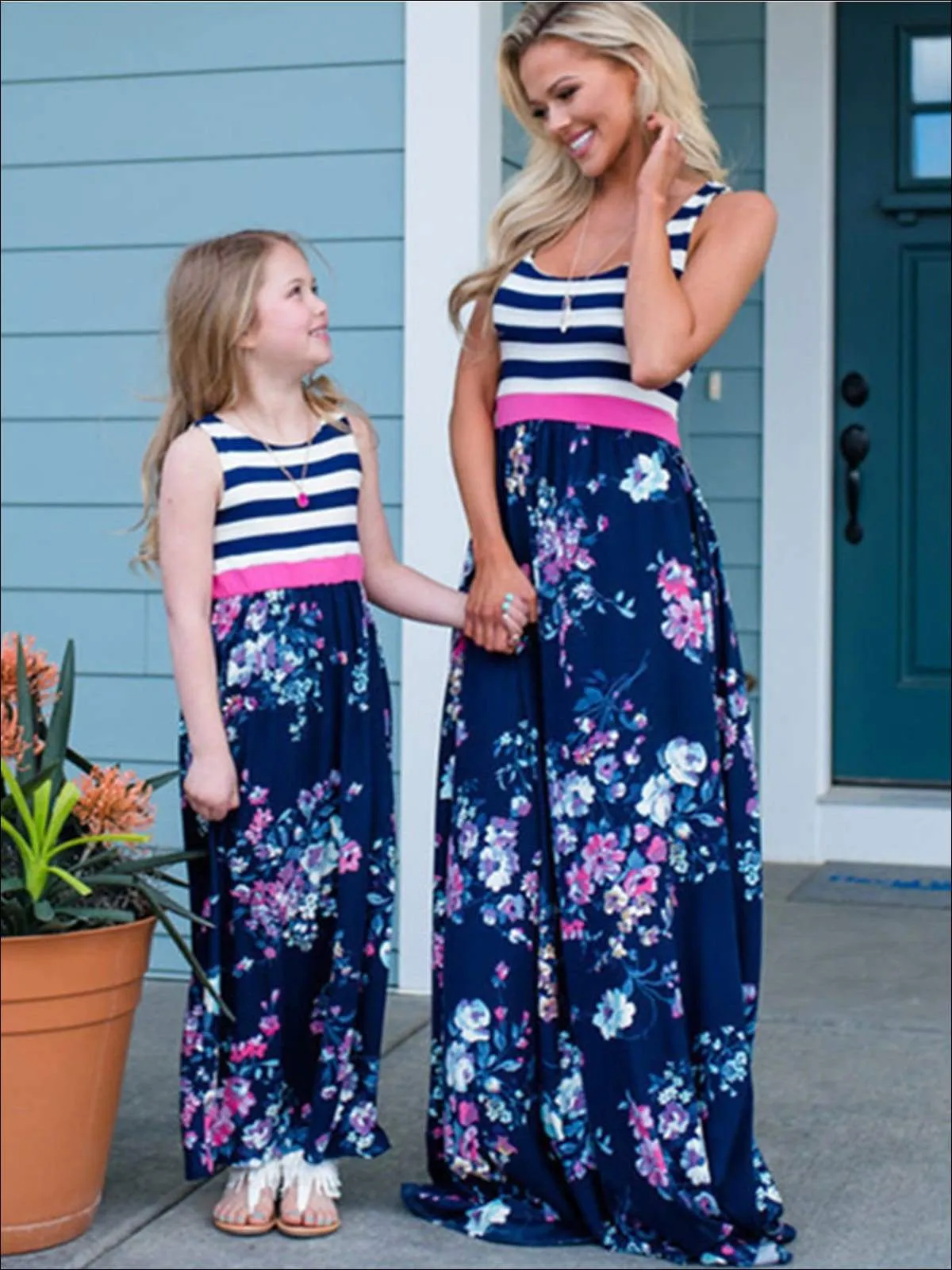 Mommy And Me Navy Striped Floral Print Sleeveless Maxi Dress