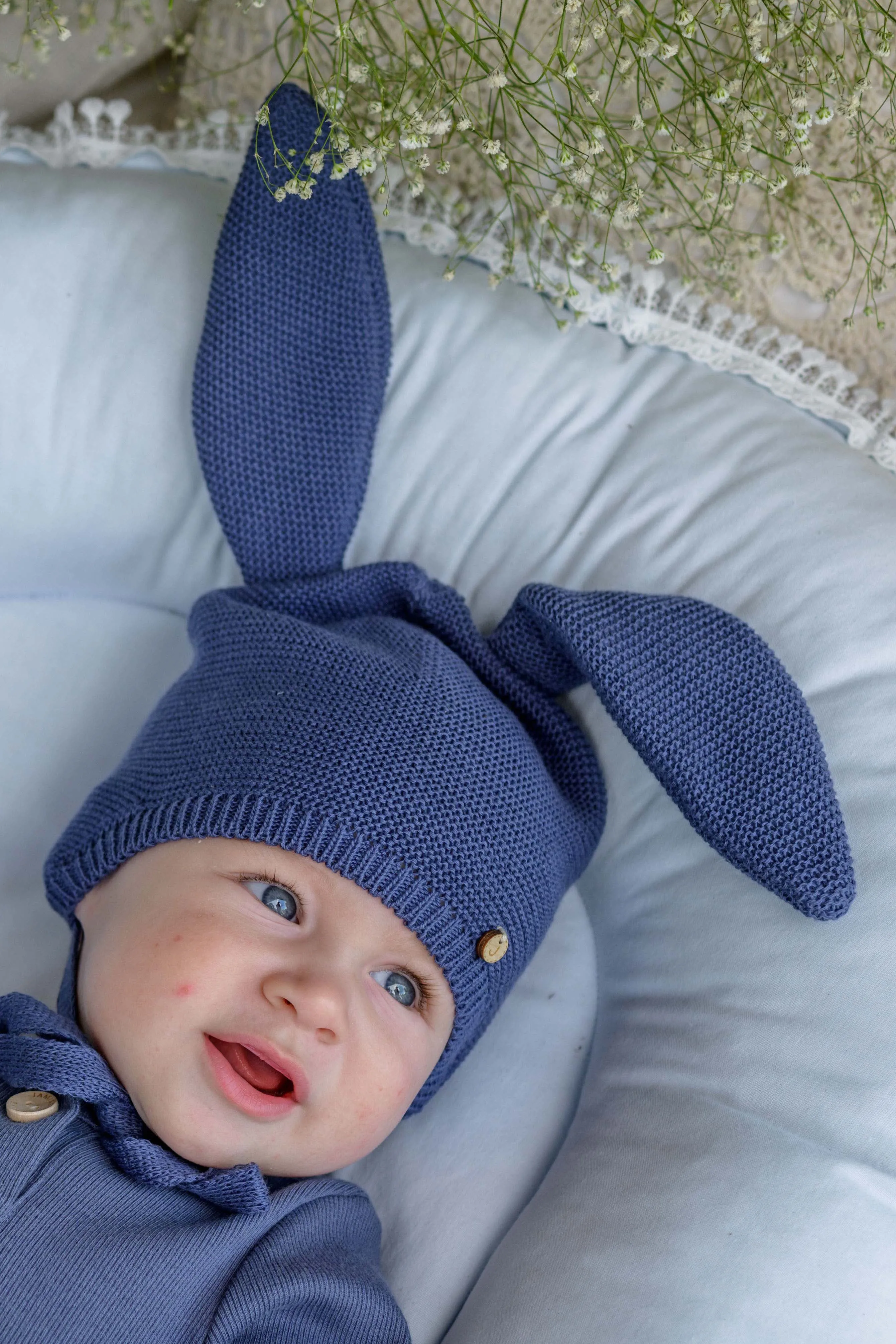 "Bugs" Denim Blue Knit Bunny Hat