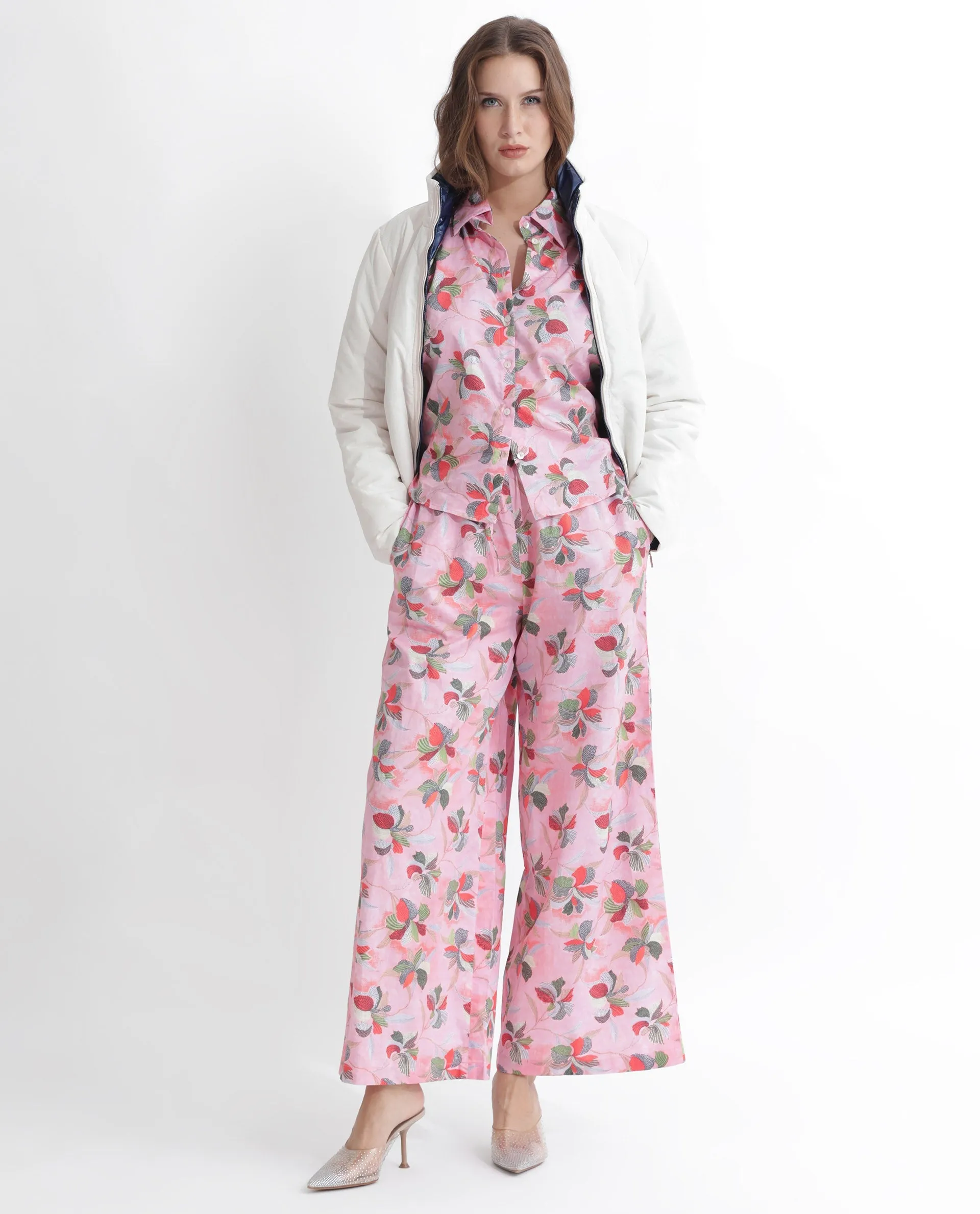 Rareism Women Kentoy-B Light Pink Cotton Fabric Drawstring Closure Flared Fit Floral Print Ankle Length Trousers