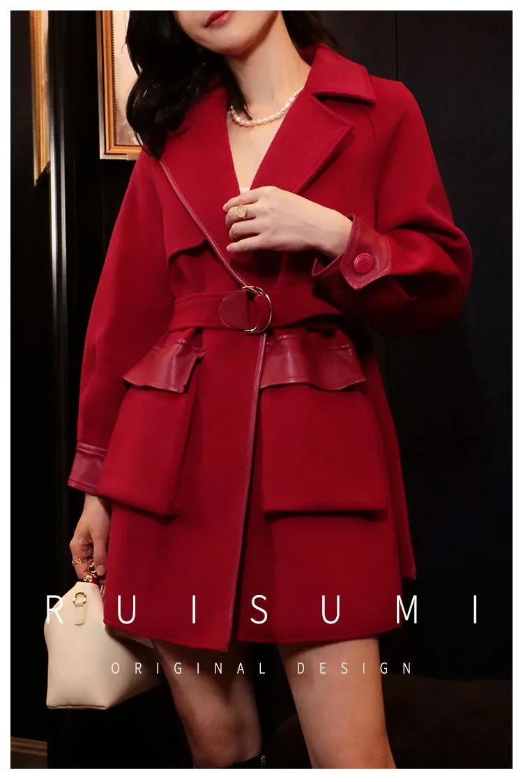 Ruisumi Winter New Red Stitching Coat Retro Suit High Waist Slim Medium Length Wool Coat- San