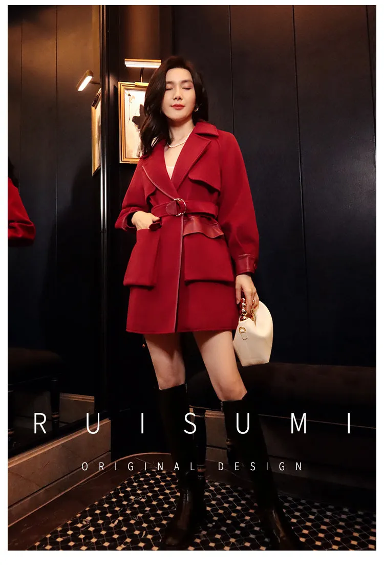 Ruisumi Winter New Red Stitching Coat Retro Suit High Waist Slim Medium Length Wool Coat- San