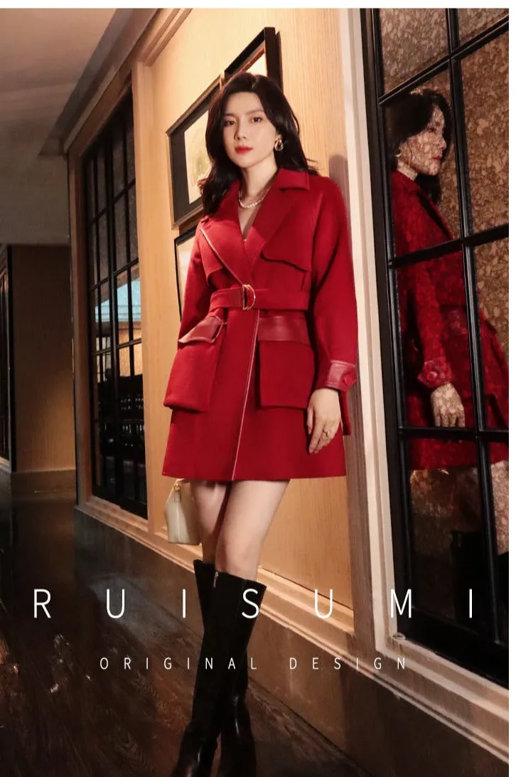 Ruisumi Winter New Red Stitching Coat Retro Suit High Waist Slim Medium Length Wool Coat- San