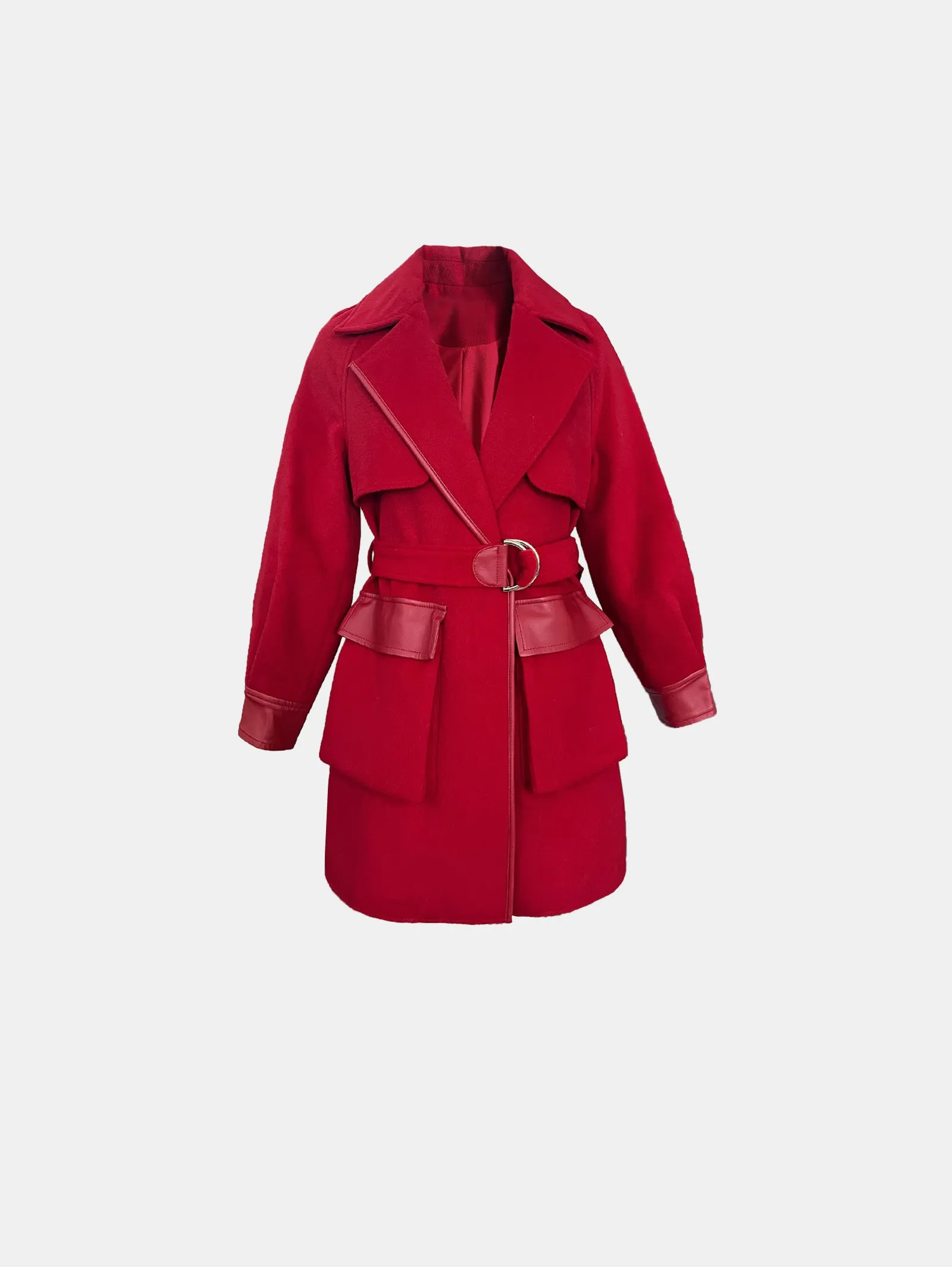 Ruisumi Winter New Red Stitching Coat Retro Suit High Waist Slim Medium Length Wool Coat- San