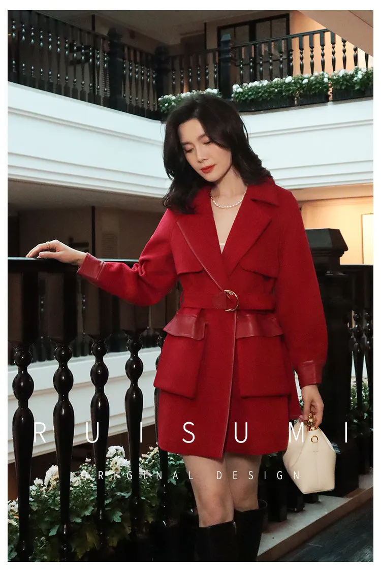 Ruisumi Winter New Red Stitching Coat Retro Suit High Waist Slim Medium Length Wool Coat- San