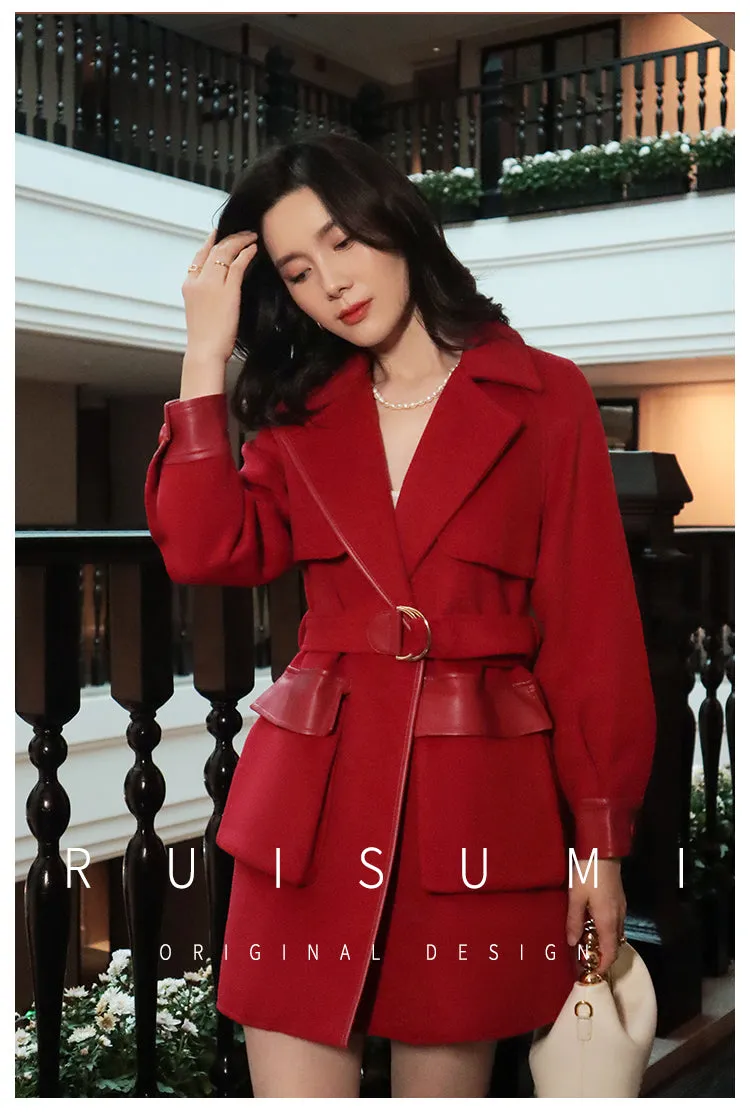 Ruisumi Winter New Red Stitching Coat Retro Suit High Waist Slim Medium Length Wool Coat- San