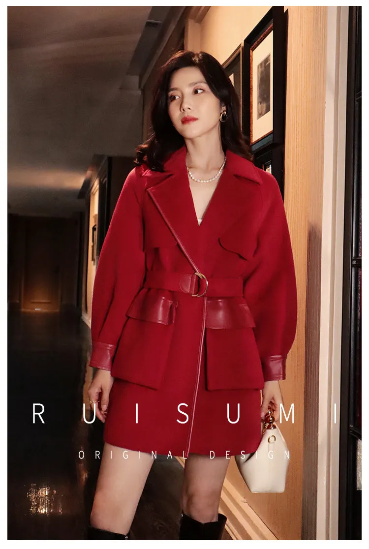 Ruisumi Winter New Red Stitching Coat Retro Suit High Waist Slim Medium Length Wool Coat- San