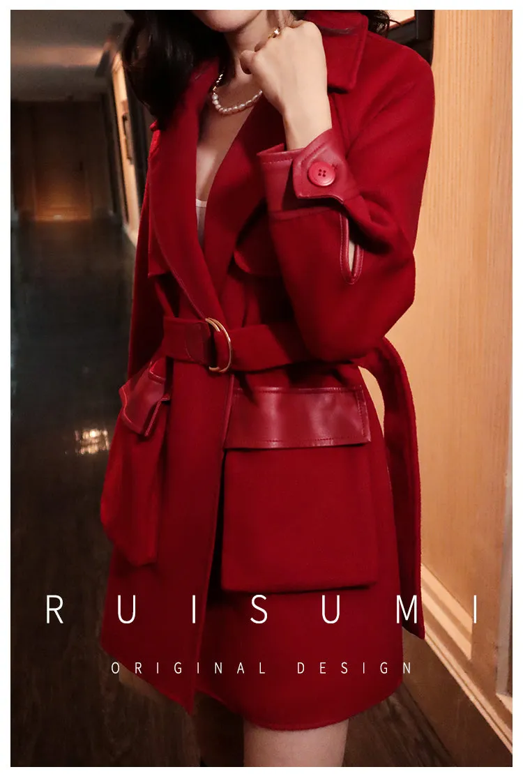 Ruisumi Winter New Red Stitching Coat Retro Suit High Waist Slim Medium Length Wool Coat- San