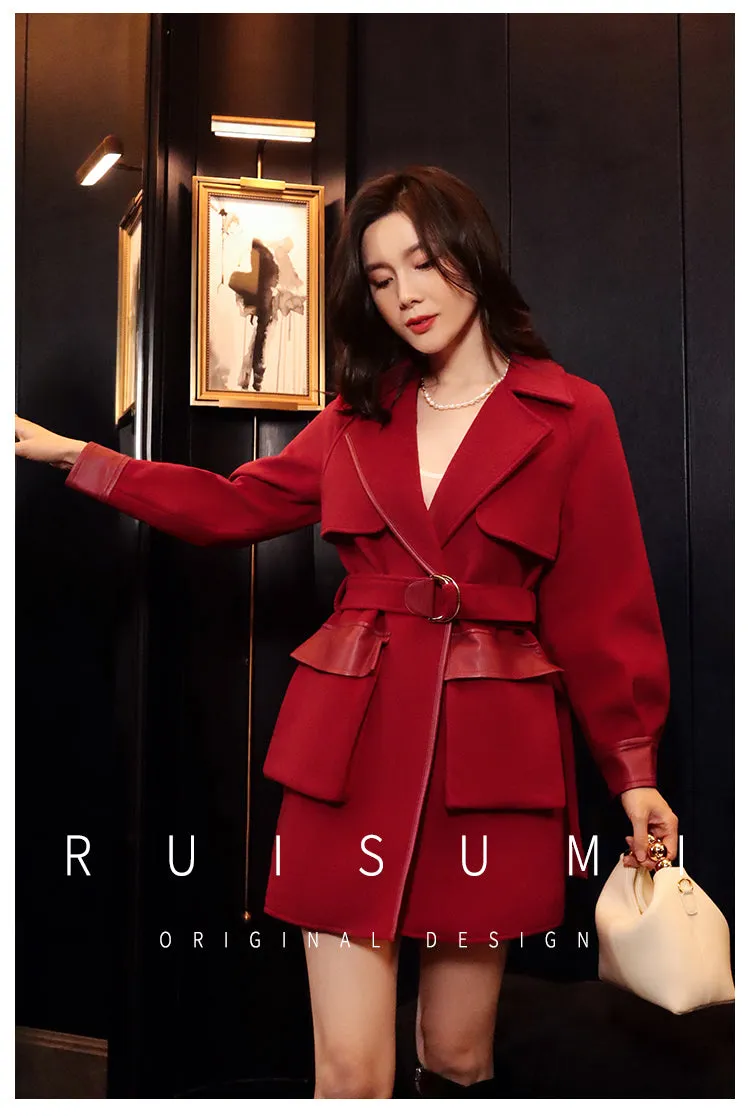 Ruisumi Winter New Red Stitching Coat Retro Suit High Waist Slim Medium Length Wool Coat- San