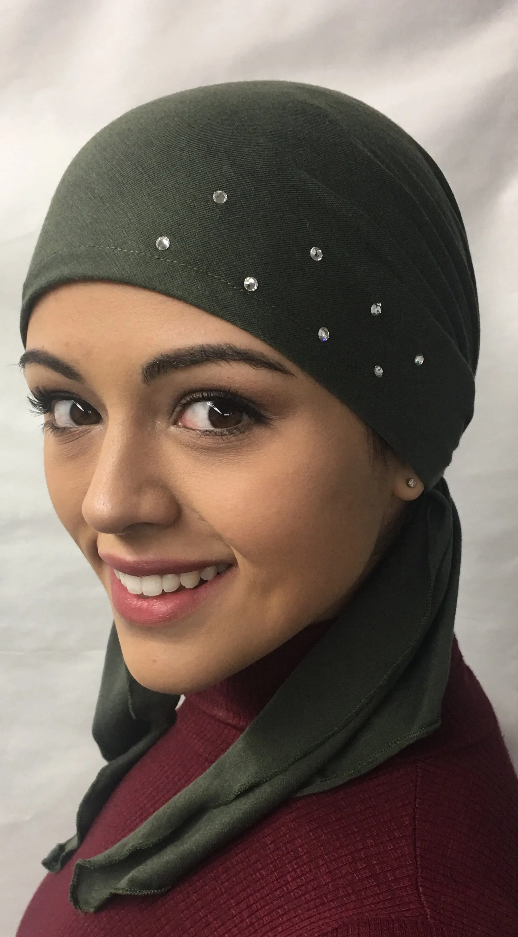 Rustic Design Headwear | New Easy Slip On Style Premium Green Pre-Tied Headscarf Hijab Tichel With Crystal Design