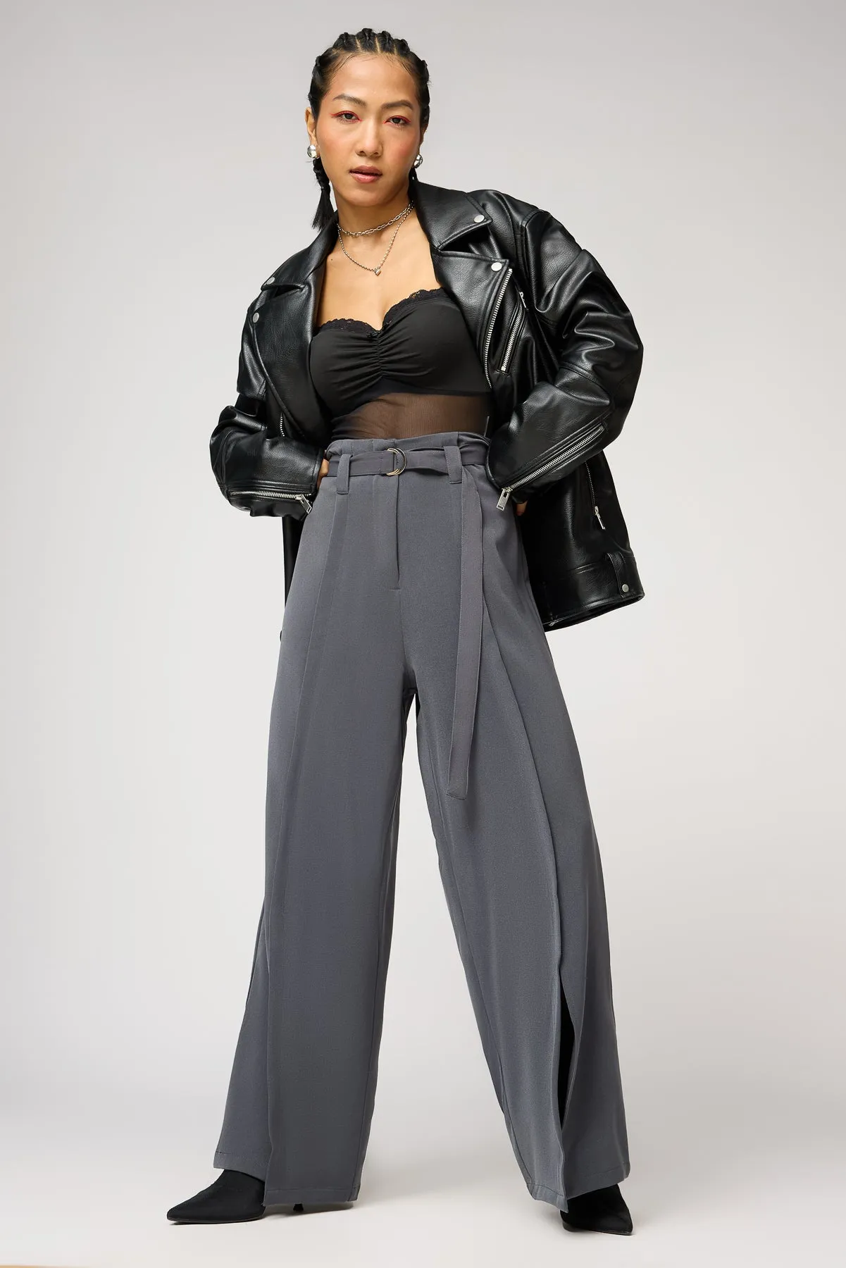 Silken Grey Belted Flared Korean Pants