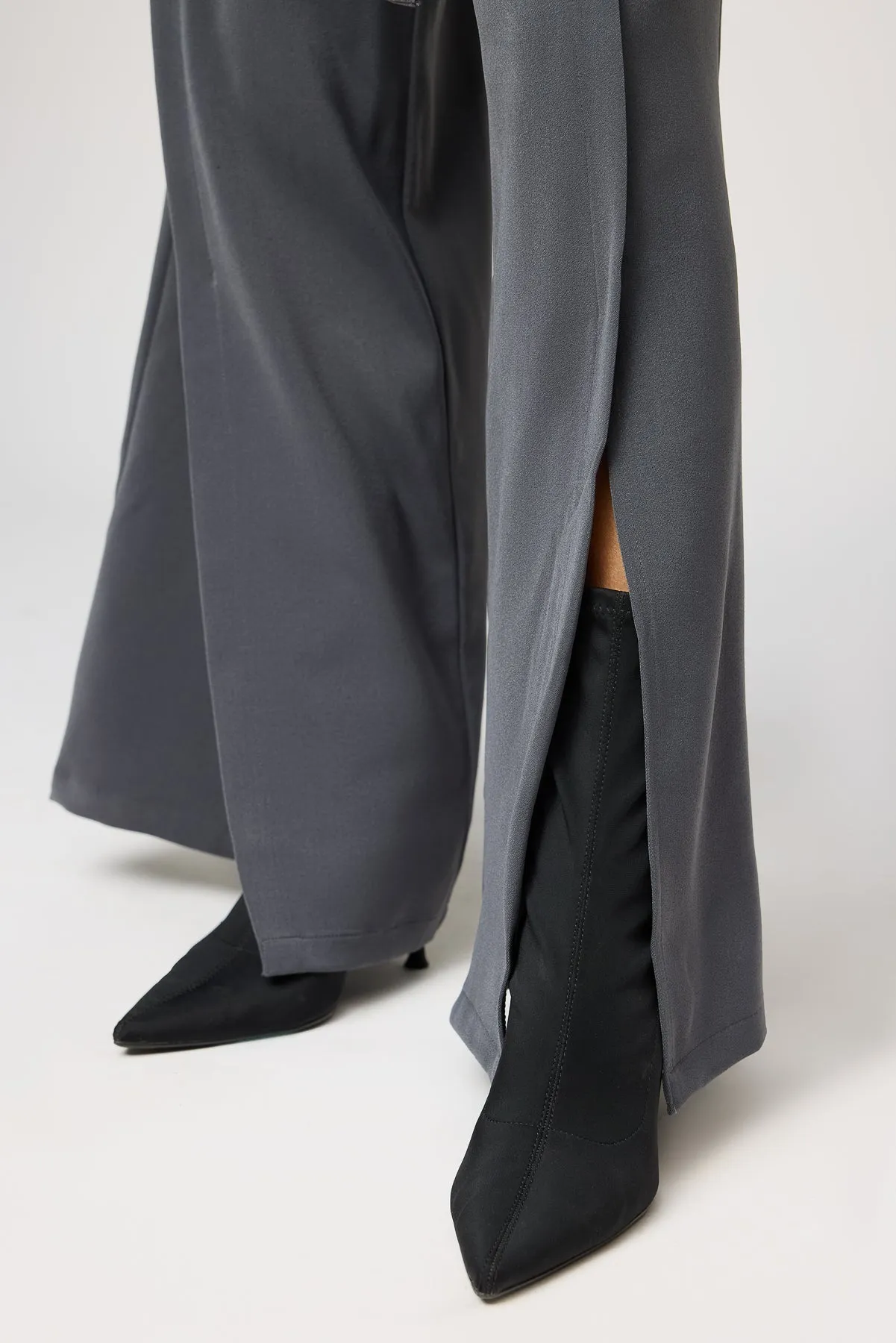 Silken Grey Belted Flared Korean Pants