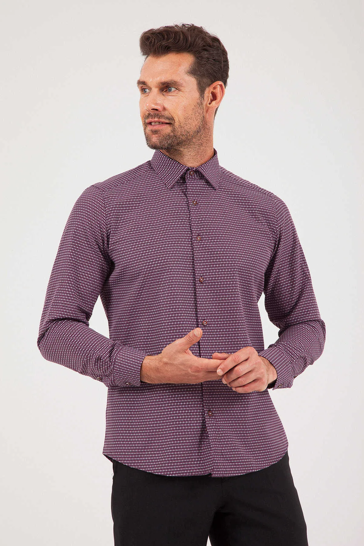 Slim Fit Long Sleeve Cotton Blend Burgundy Dress Shirt