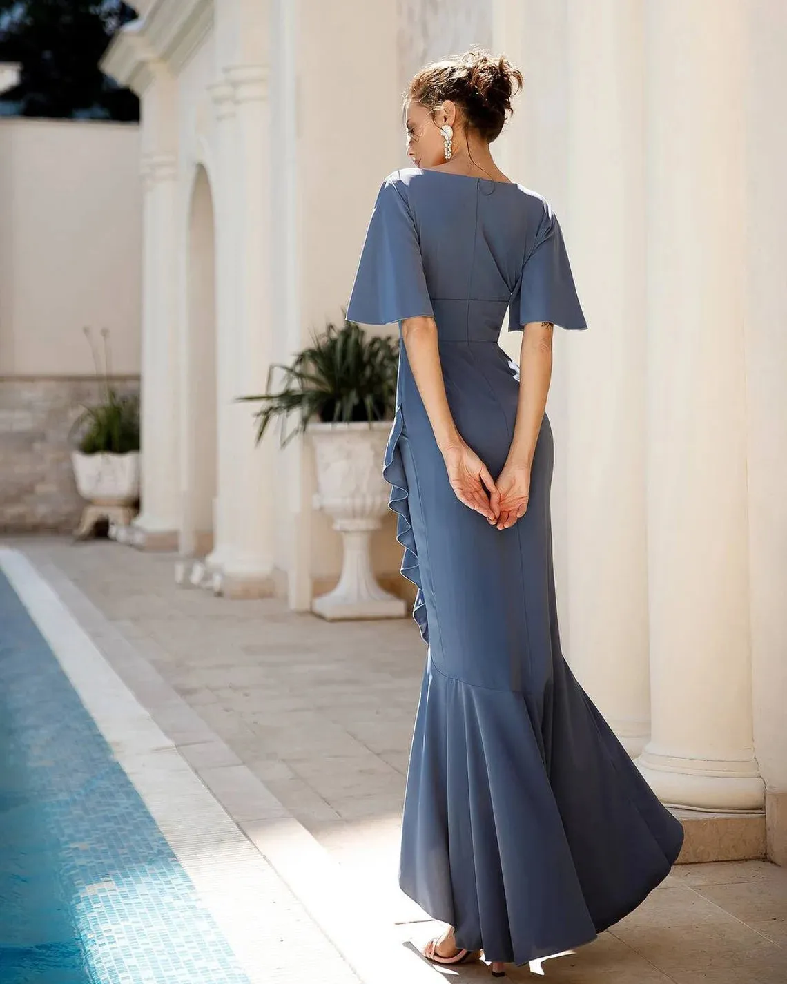 Stunning Blue Maxi Women's Dress V-Neck Ruffles Side Slit Dress Wedding Guest Dress