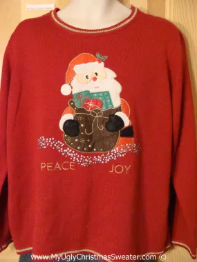 Tacky Christmas Sweater Party Ugly Sweater with Santa & PEACE & JOY (f946)