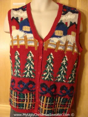 Tacky Holiday Sweater Vest with Colorful Winter Wonderland with Trees, Bows, and Plaid Accents (f1014)