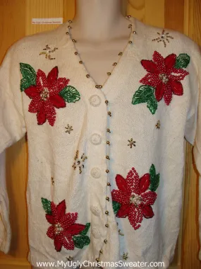 Tacky Ugly Christmas Sweater 80s Classic with Vibrant Bling Poinsettias (f309)