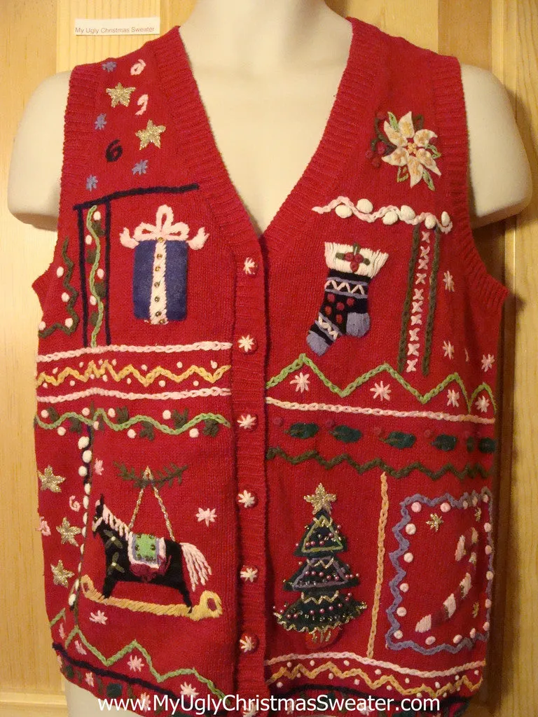 Tacky Ugly Christmas Sweater Vest Crafty Shapes and Decorations Horse, Gift, Tree, Candy Cane, Poinsettia, Stocking(f333)