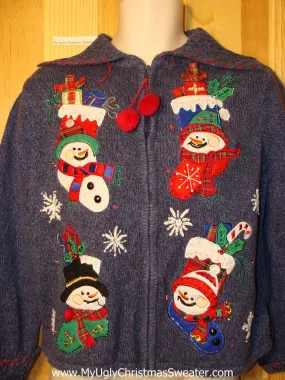 Tacky Ugly Christmas Sweater with Four Happy Carrot Nosed Snowmen & Pom Pom Zipper Pull (f220)